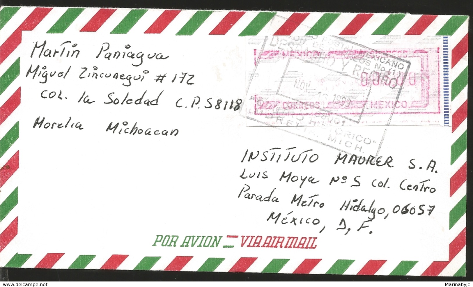 J) 1999 MEXICO, METTER STAMPS, ADHESIVE STICKER, AIRMAIL, CIRCULATED COVER, FROM MORELIA TO MEXICO - Mexico