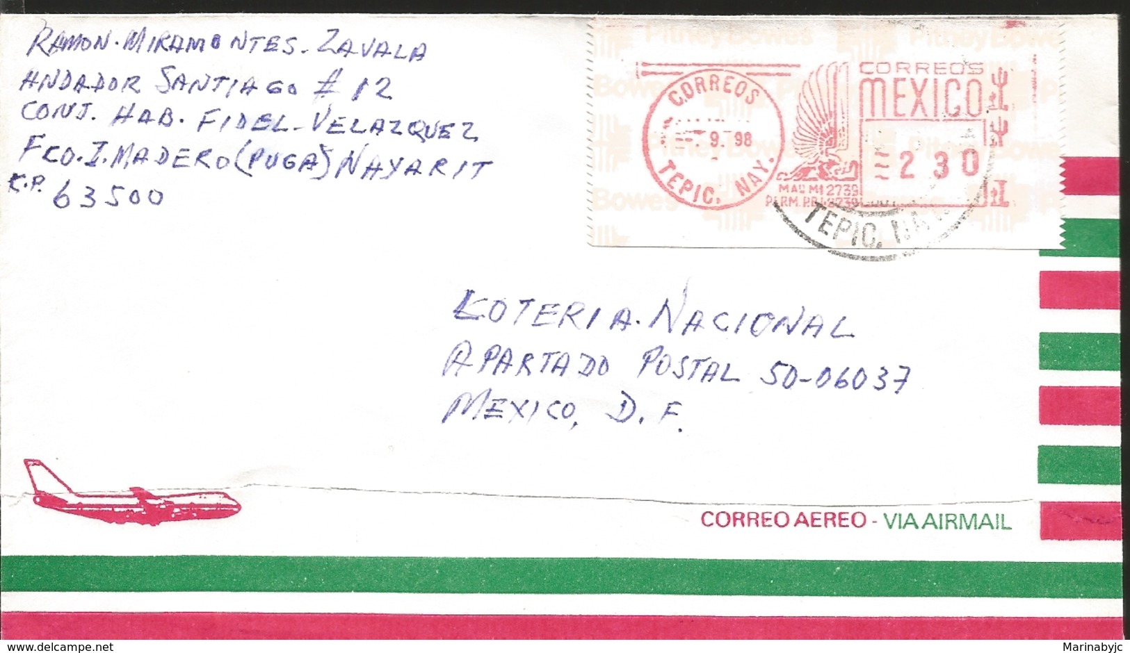 J) 1998 MEXICO, METTER STAMPS, ADHESIVE STICKER, AIRMAIL, CIRCULATED COVER, FROM NAYARIT TO MEXICO - Mexico