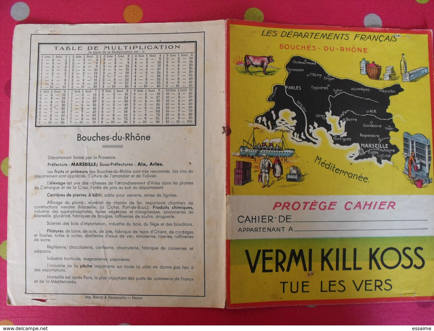Protège-cahier Vermi Kill Koss Tue Les Vers. Les Départements : Bouches-du-Rhône. Marseille Arles Aix - Protège-cahiers