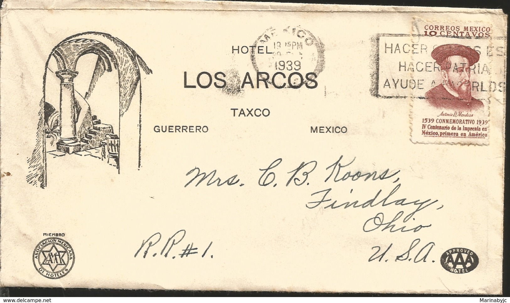 J) 1939 MEXICO, COMMERCIAL LETTER, THE ARCOS HOTEL, IV CENTENARY OF THE IMPRENTA IN MEXICO, FIRST IN AMERICA, ANTONIO D - Mexico