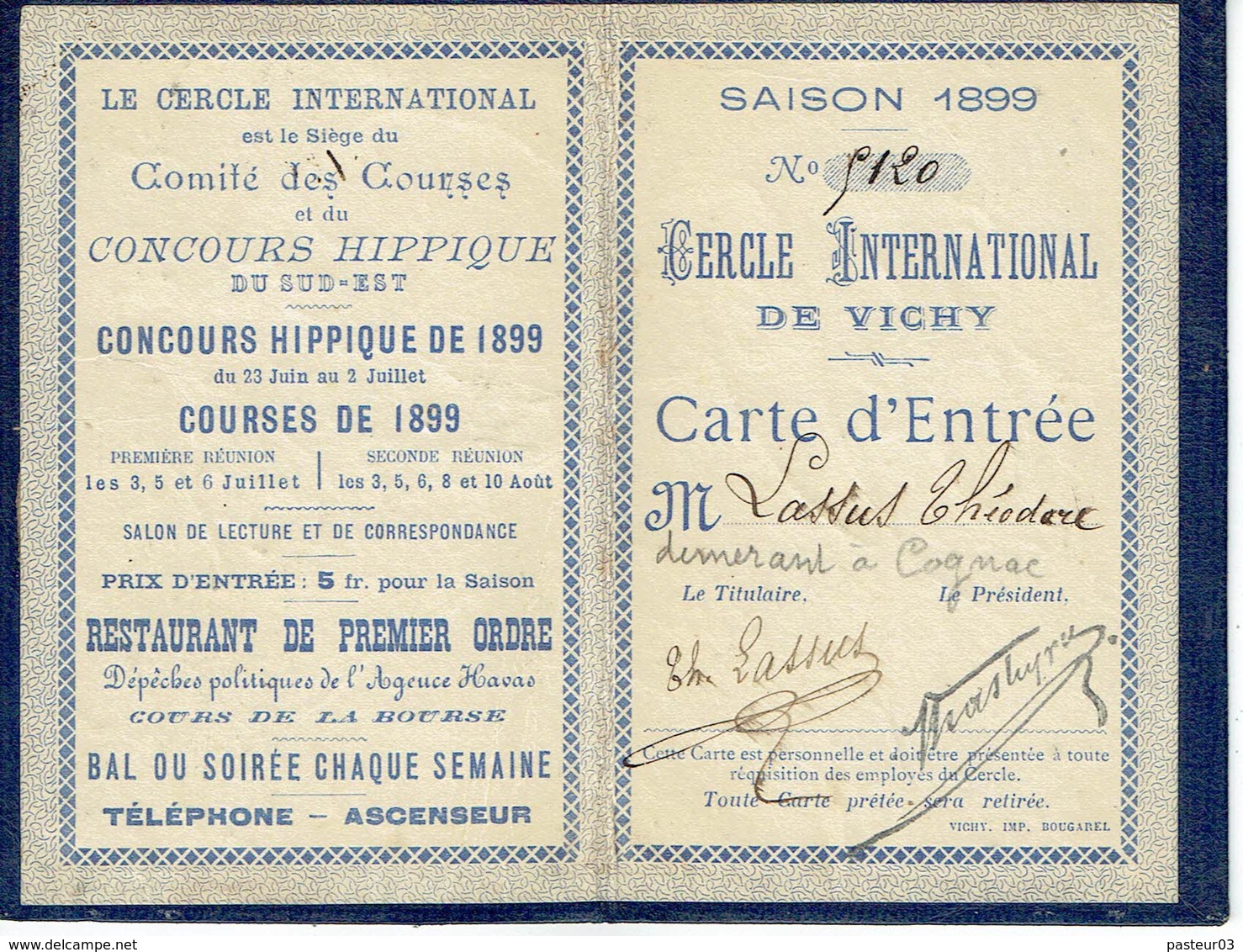 Vichy Carte De Membre Du Cercle International Des Courses De Vichy Saison 1899 (chevaux) - Non Classés