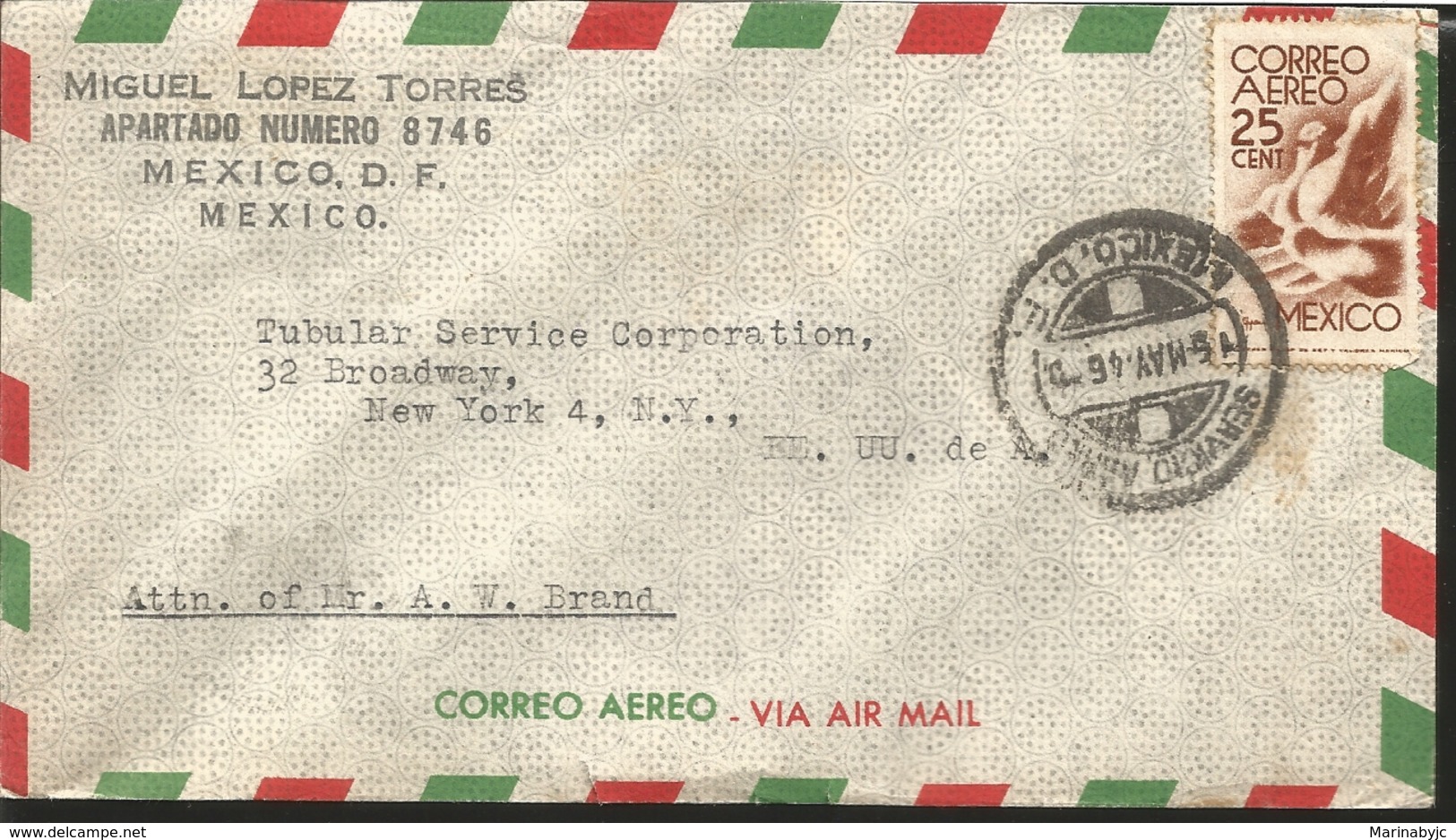 J) 1946 MEXICO, SYMBOLICAL OF FLIGHT, AIRMAIL, CIRCULATED COVER, FROM MEXICO TO NEW YORK - Mexico