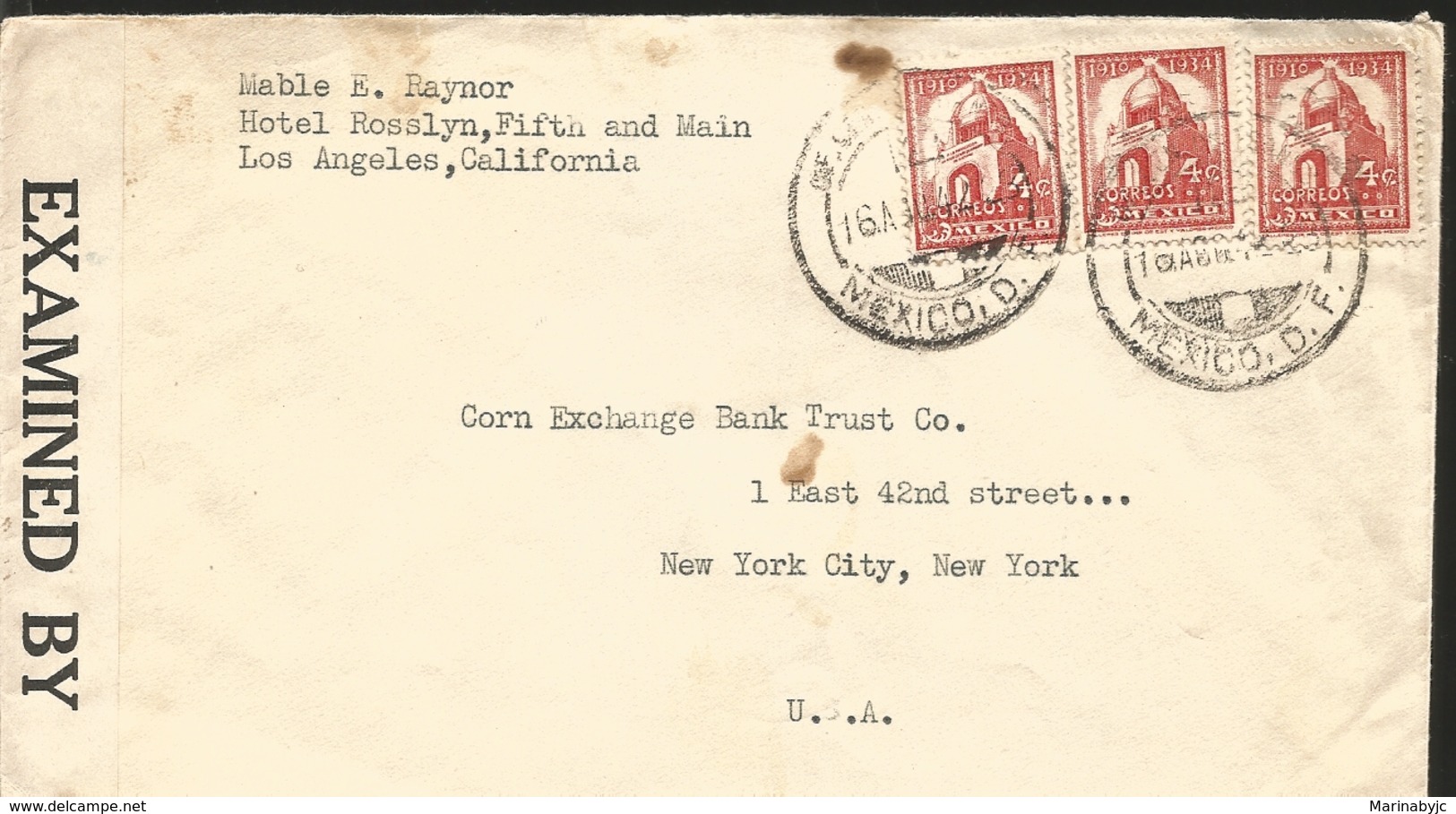 J) 1942 MEXICO, MONUMENT TO THE REVOLUTION, OPEN BY EXAMINER, MULTIPLE STAMPS, AIRMAIL, CIRCULATED COVER, FROM CALIFORNI - Mexico