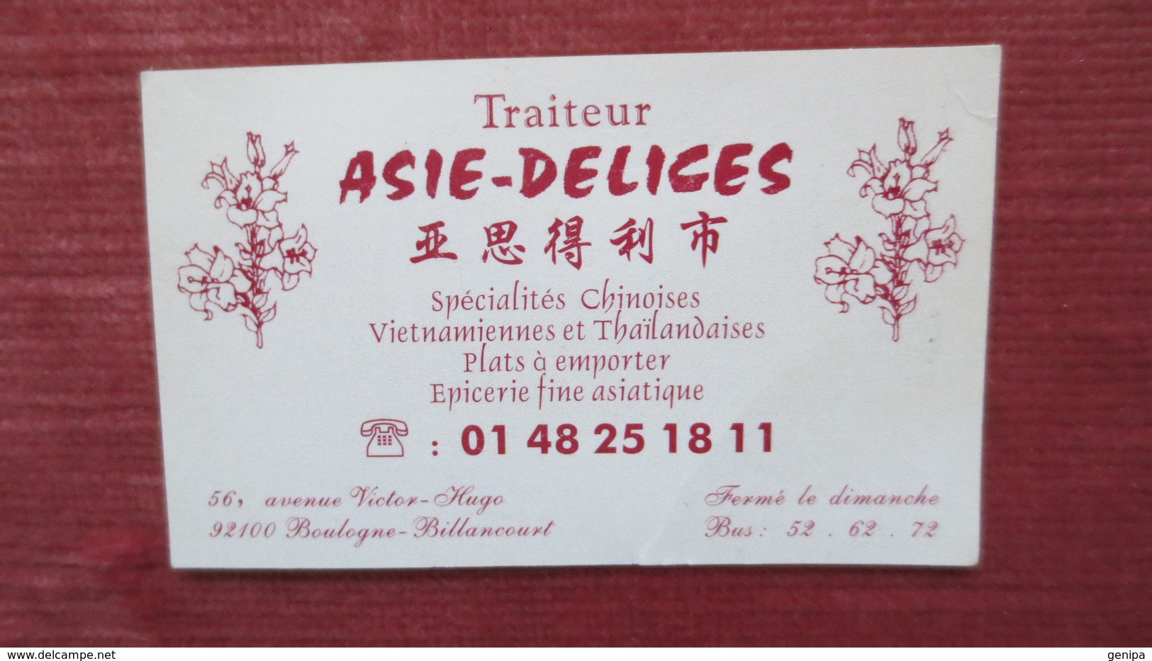 TRAITEUR ASIE DELICES BOULOGNE BILLANCOURT - Visiting Cards