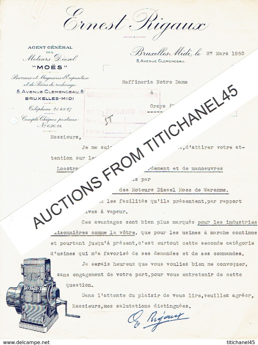 BRUXELLES - Lettre 1950 - Ernest RIGAUX - Agent Général Des Moteurs Diesel "MOËS" - Voir L'illustration Du Moteur. - Autres & Non Classés