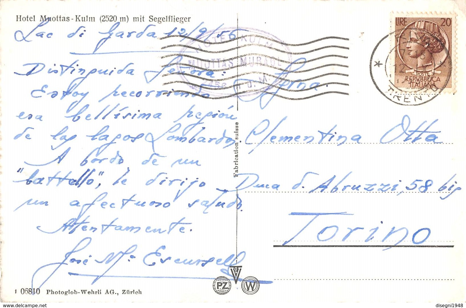 07785 "MOUTTAS MURAGL KULM HOTEL MIT SEGELFLIEGER " ALIANTE. CART. ORIG. SPED. 1956 - Altri & Non Classificati