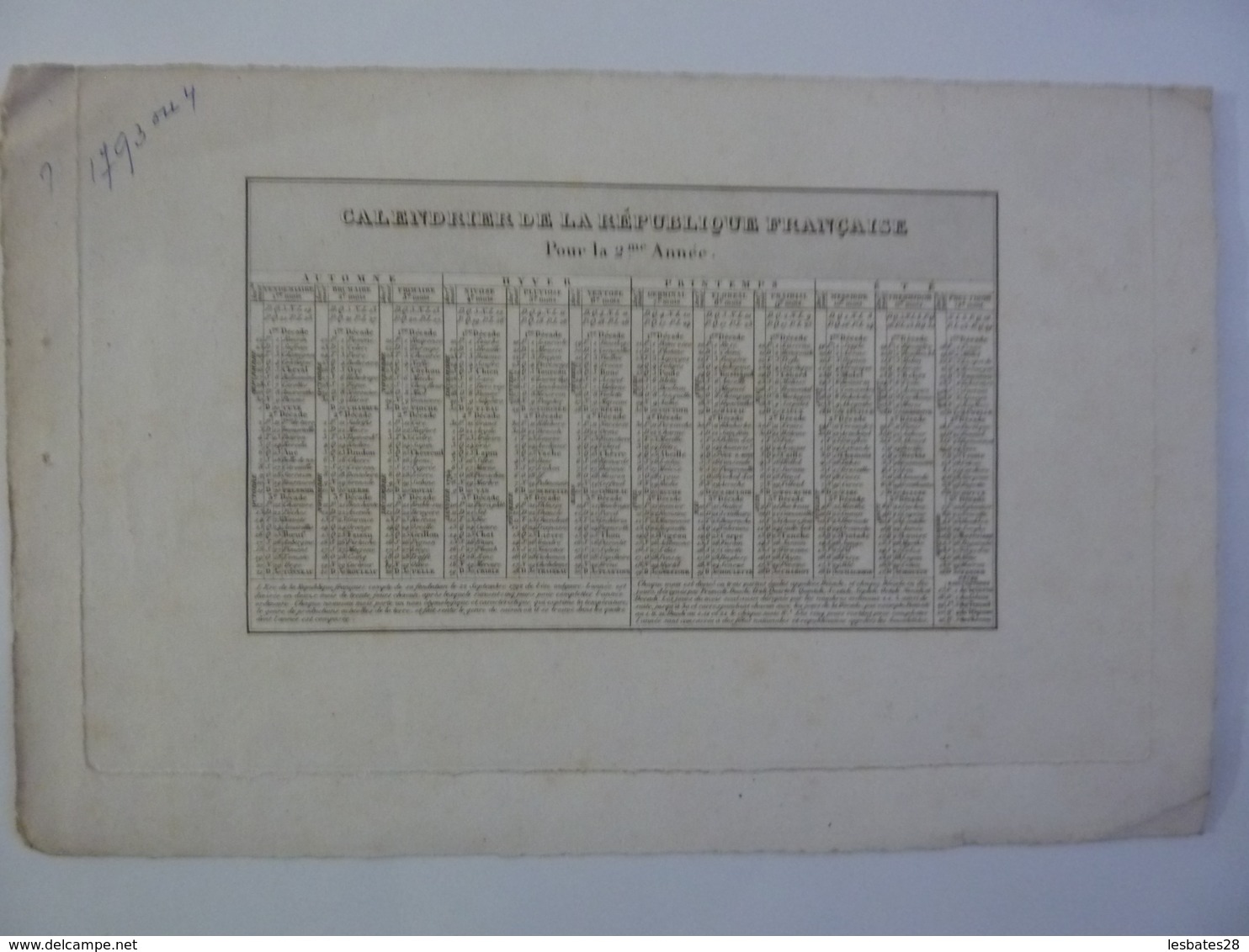 ALMANACH 1793 CALENDRIER REPUBLICAIN  Allégorie Les Droits De L'homme (Couché Fils Sculp & Hacq Scrips)  Chem 3-39 - Big : ...-1900