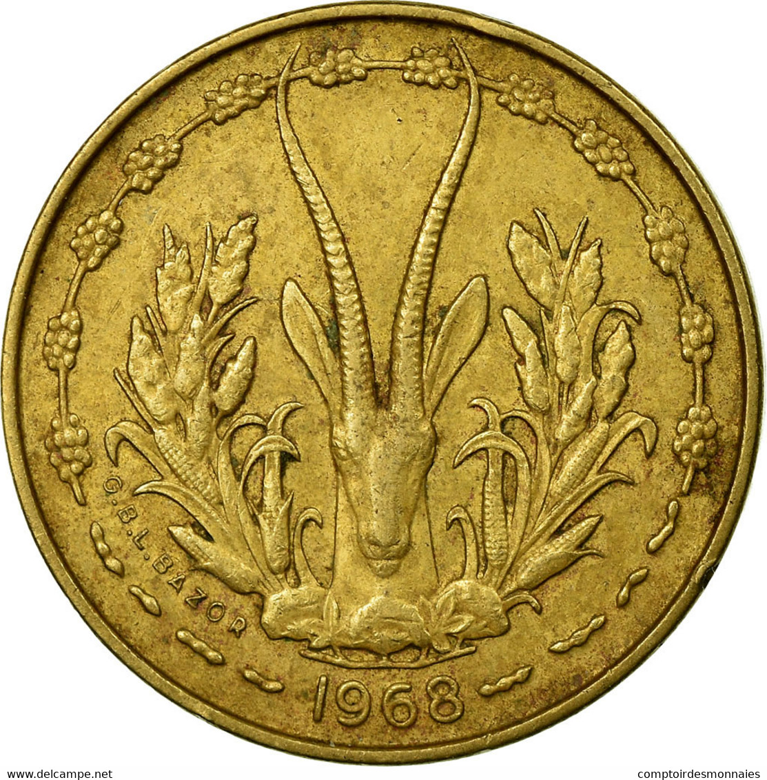 Monnaie, West African States, 5 Francs, 1968, TTB, Aluminum-Nickel-Bronze, KM:2a - Côte-d'Ivoire