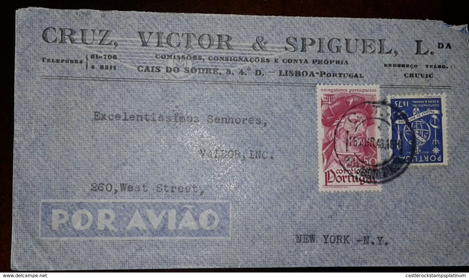 O) 1948 PORTUGAL, VASCO DE GAMA SCT 645 50c-PORTUGUESE NAVIGATORS, ASTROLABE, AIRMAIL. CRUZ VICTOR AND SPIGUEL, TO USA - Covers & Documents