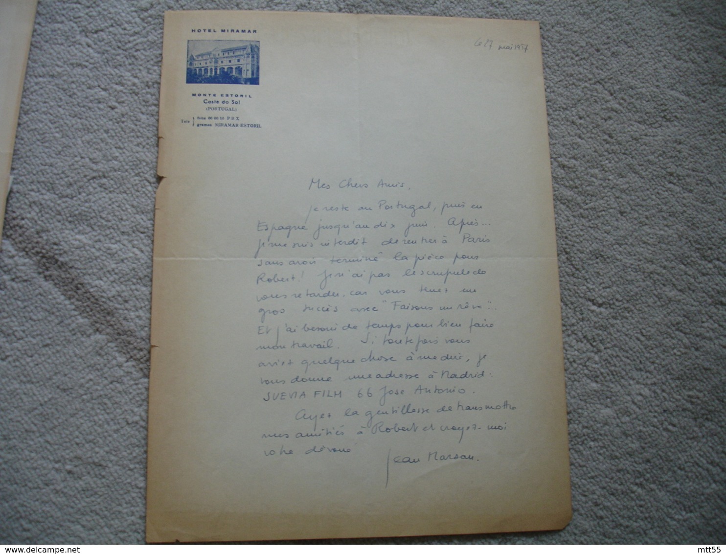 Lettre Autographe Jean Marsan Auteur Scenariste Dialoguiste En Tete Hotel Mi  Adresse Au Direction Theatre Des Varietes - Autres & Non Classés