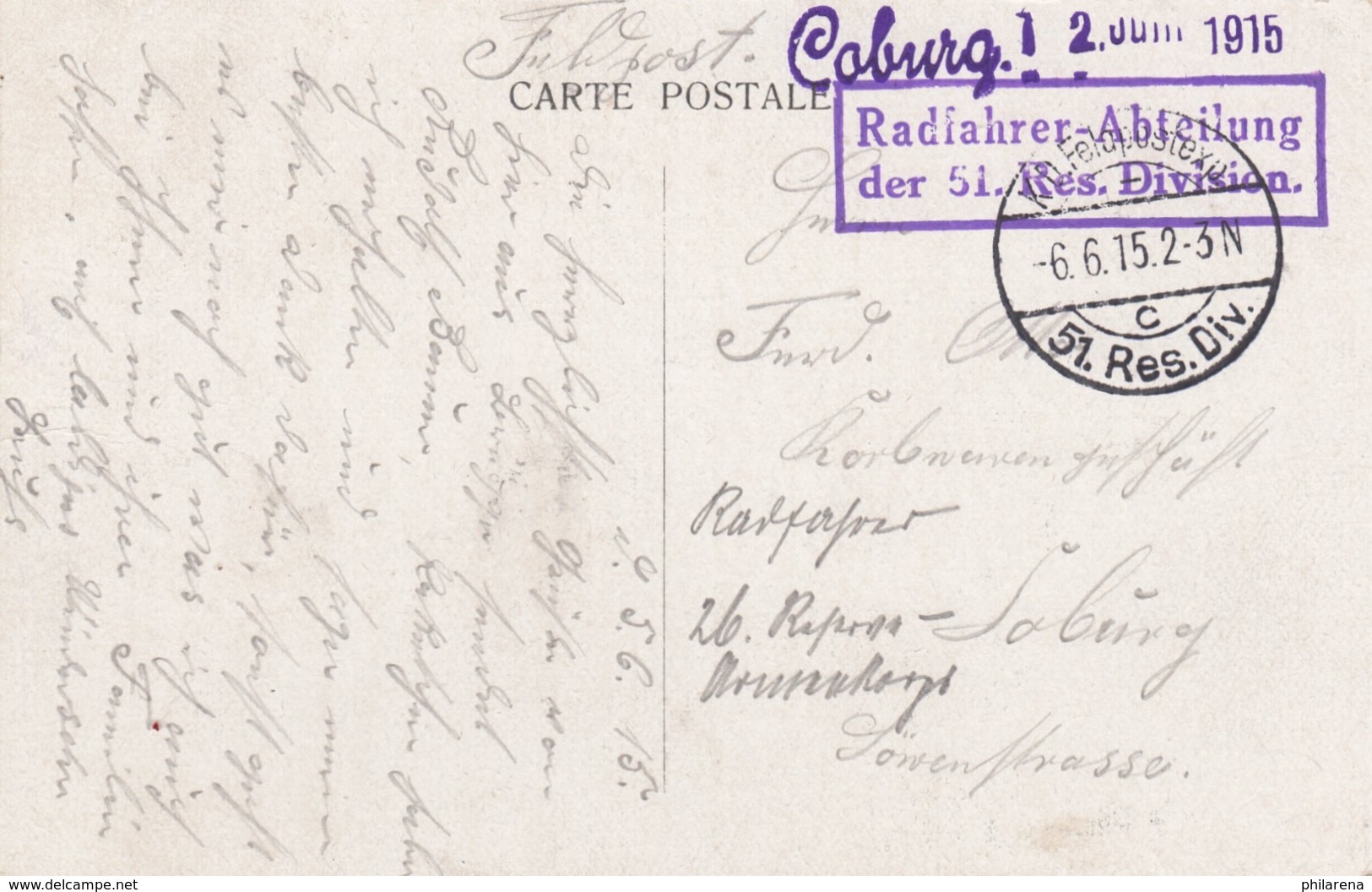 Post Card Bruges, Feldpost, 1915, Radfahrer Abteilung Nach Coburg - Besetzungen 1914-18