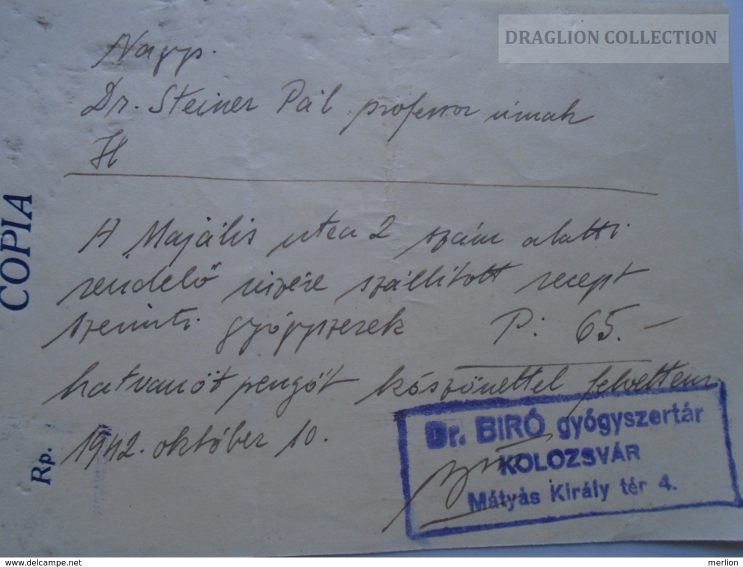 ZA188.3  Medical Prescription Médicale - Dr. Bíró örökösök - Pharmacie Pharmacy  Kolozsvár Hungary 1942 Steiner Pál - Unclassified