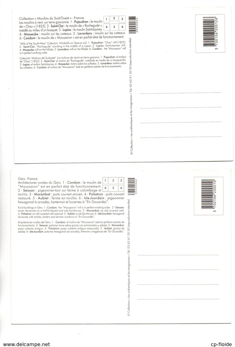 32 - GZERS . "  LES MOULINS À VENT SUR TERRE GASCONNE " & "ARCHITECTURES RURALES DU GERS " . 2 CPM - Réf. N°20966 - - Condom