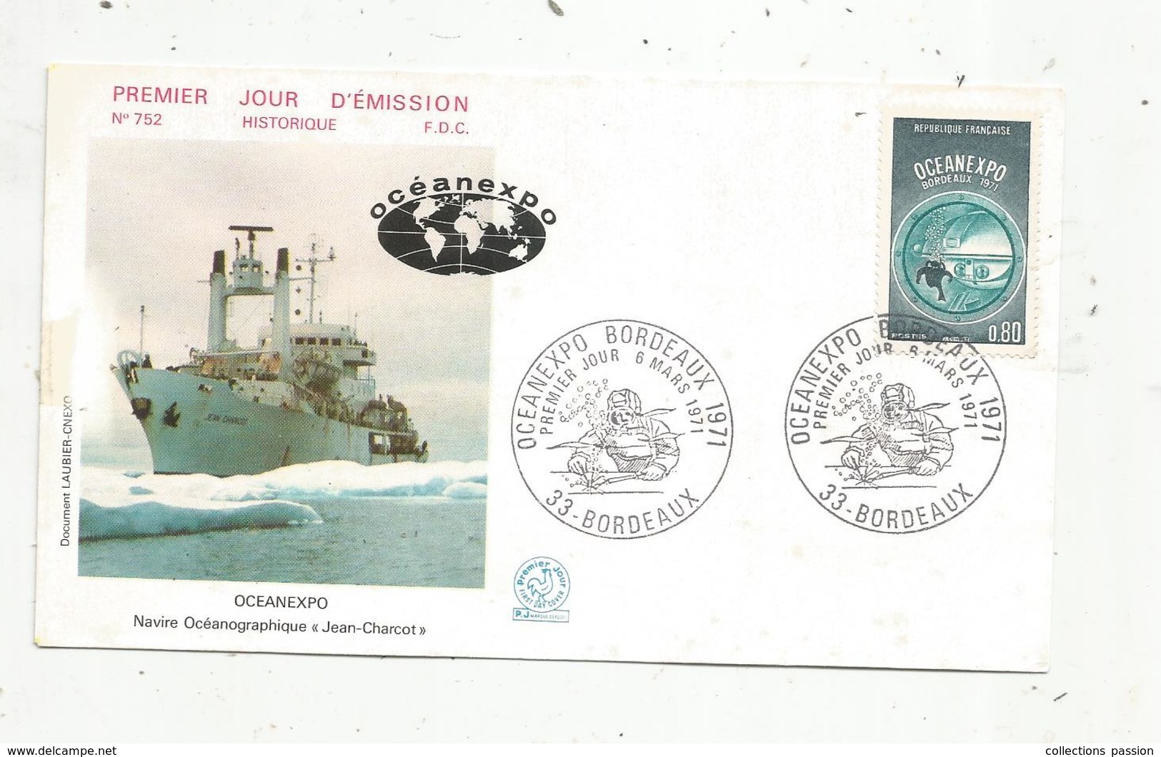 Premier Jour D'émission ,FDC, Bateau ,OCEANEXPO , Navire Océanographique Jean Charcot ,1971, BORDEAUX - 1970-1979