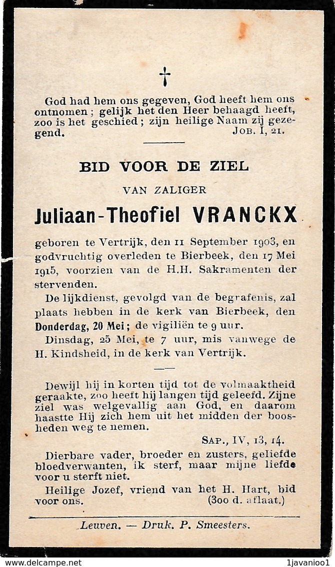 Vertrijk, Bierbeek, 1915, Juliaan Vranckx, - Images Religieuses