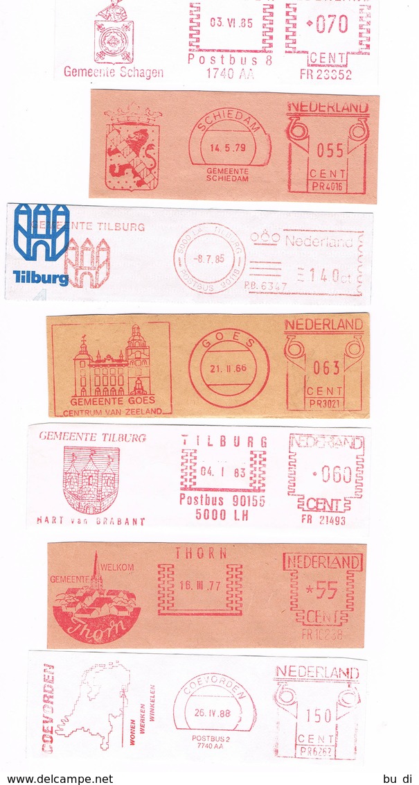 Niederlande 6 Freistempel Tilburg, Coevoerden,  Schiedam, Schagen, Goes, Thorn - Wappen, Rathaus, Landkarte - Meterstamp - Maschinenstempel (EMA)