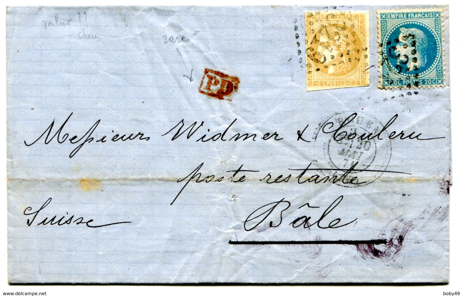 ROUEN Pour BALE SUISSE LSC Du 20/05/1871 Avec N°29 Et N°43 Report 1 Oblitérés GC 3219 +cachet Rouge PD ( 2 Scans) - 1849-1876: Classic Period