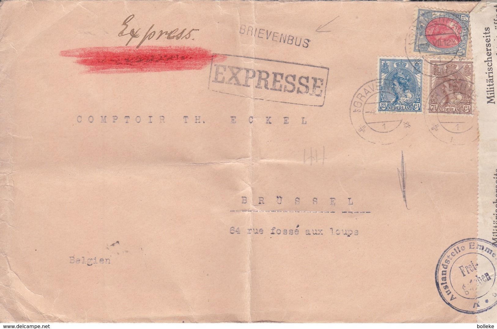 Pays Bas - Lettre Exprès De 1917 ° - Oblit 's Gravenhaghe - Exp Vers Bruxelles - Avec Censure - Avec Griffe BRIEVENBUS - Lettres & Documents