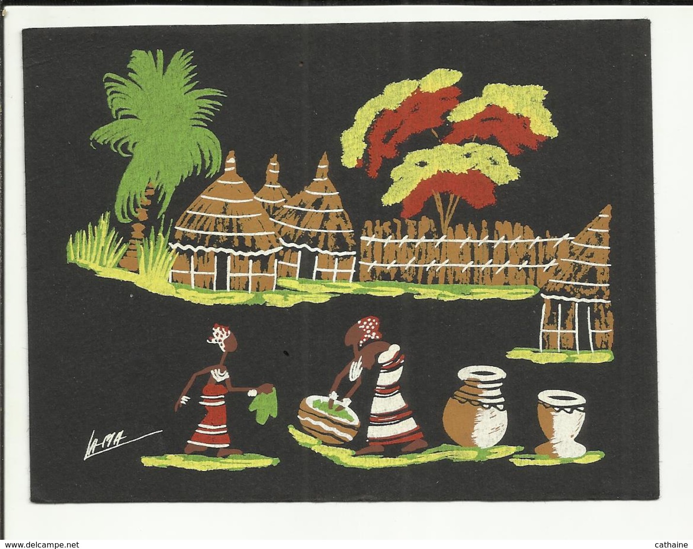 PEINTURE AFRICAINE .  VERITABLE PEINTURE FAIT MAIN  SUR PAPIER NOIR .  LA VIE DU VILLAGE . SIGNATURE " LA-MA " - Art Africain