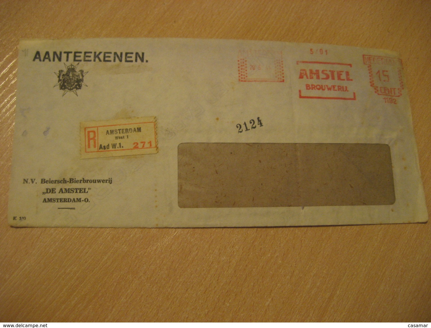 AMSTERDAM 1944 Amstel Brouwerij N.V. Meter Mail Cancel Registered Cover NETHERLANDS Bier Beer Pint Biere Cerveza Brewery - Bières