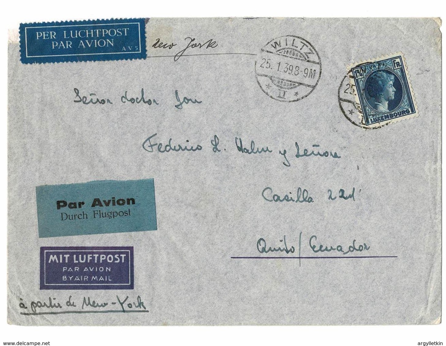 LUXEMBOURG BELGIUM COMBINATION STAMPS AIR 1939 EQUADOR WILTZ - Covers & Documents