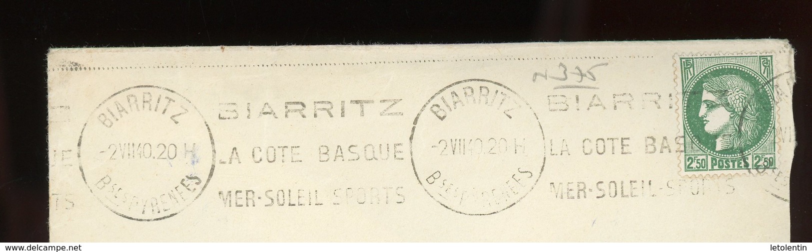 FRANCE - TYPE CERES - N° Yvert 375 SUR ENVELOPPE (BIARRITZ 1940) POUR LA SUISSE - Autres & Non Classés