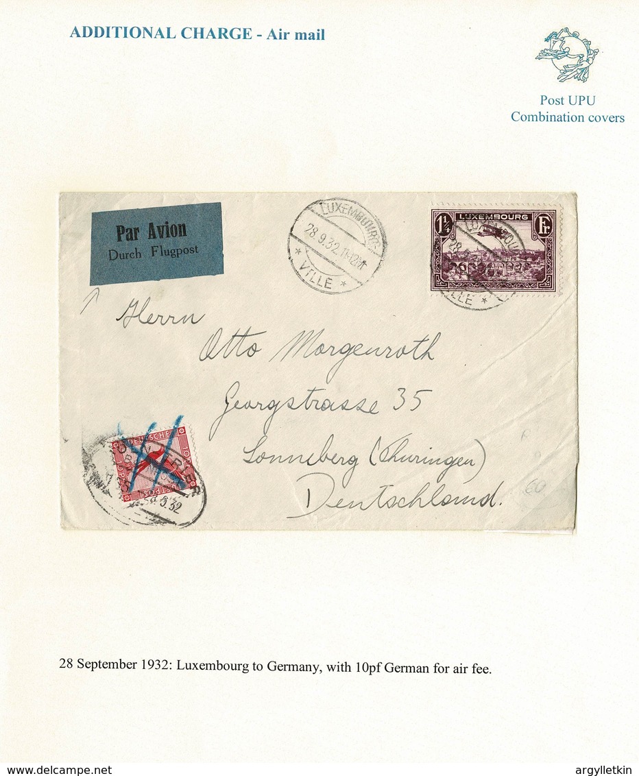 LUXEMBOURG GERMANY COMBINATION AIR COVER 1932 RAILWAY POST - Covers & Documents