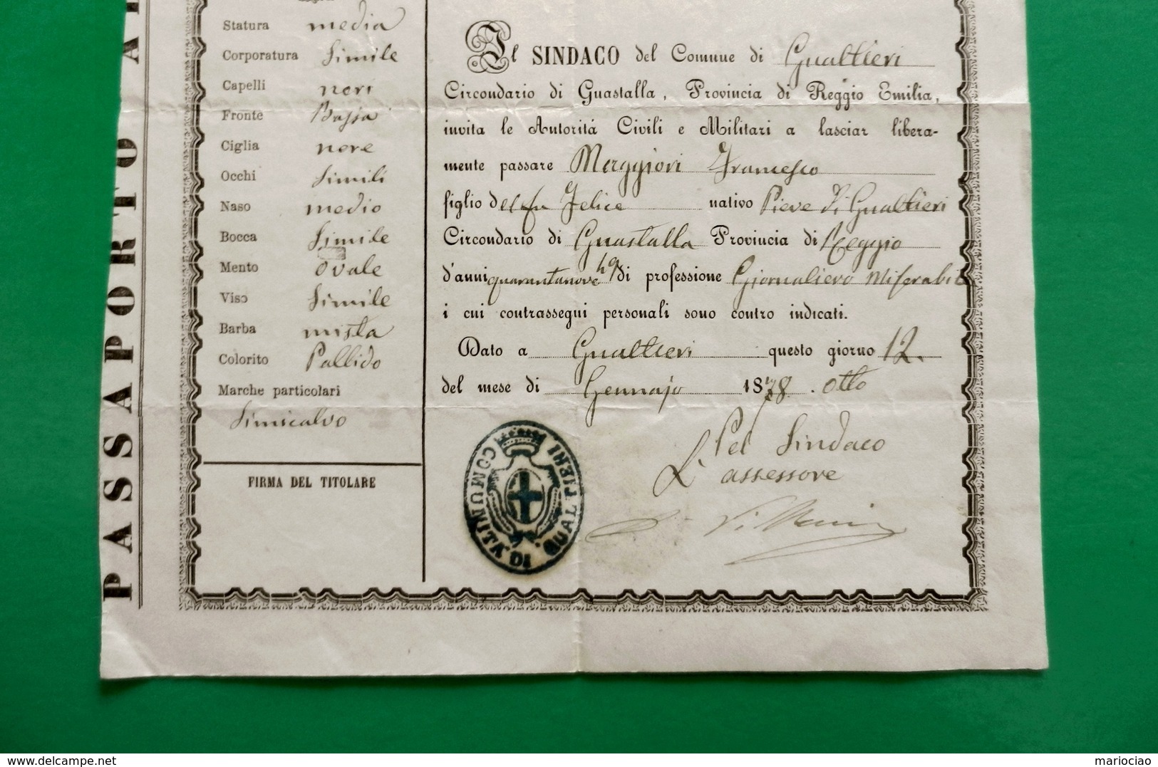 D-IT PASSAPORTO Regno D'Italia GUALTIERI - GUASTALLA (Reggio Emilia) 1878 - Historische Dokumente