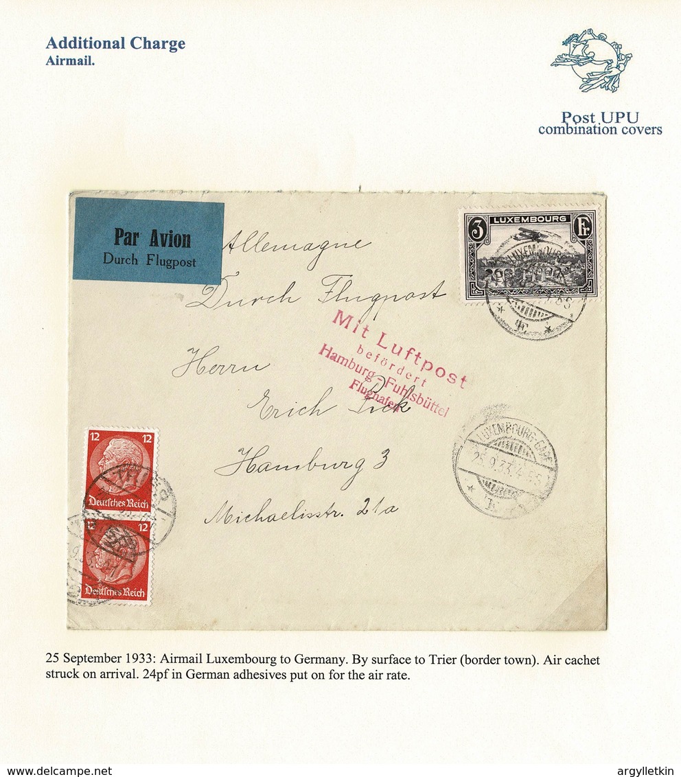 LUXEMBOURG GERMANY COMBINATION COVER AIR 1933 HAMBURG TRIER - Covers & Documents