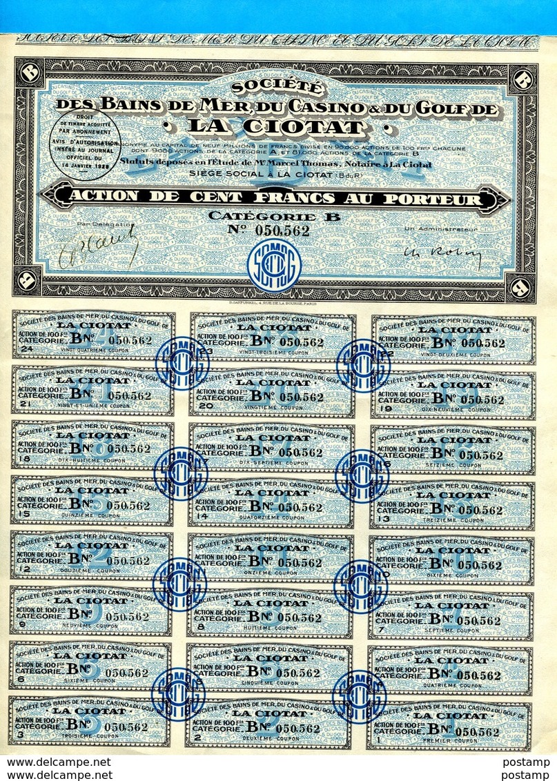 ACTION- Illustrée -"CASINO" De -la CIOTAT-1928 - Coupons Attachés-bel état - Casino