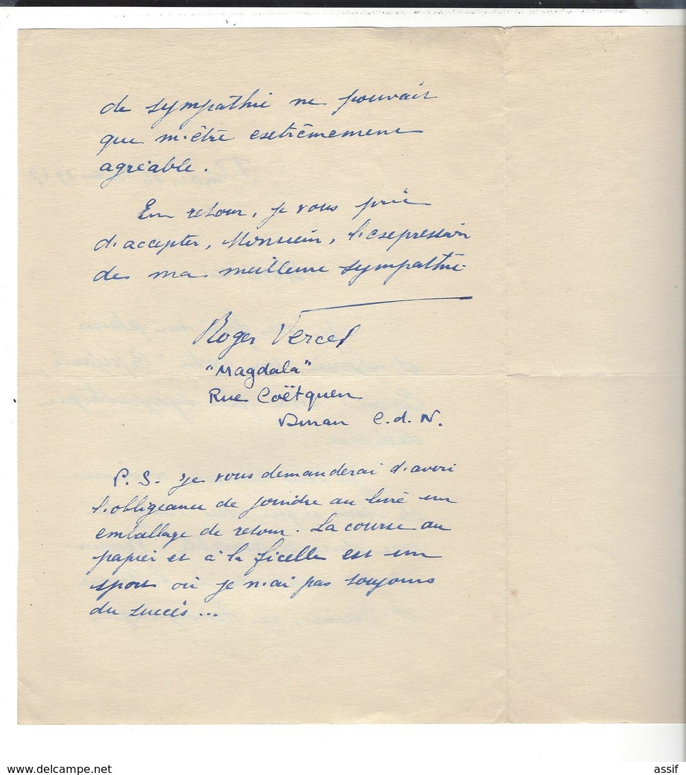 ROGER VERCEL  Autographe  3 Lettres  ( 1947 - 1948 ) - Autres & Non Classés