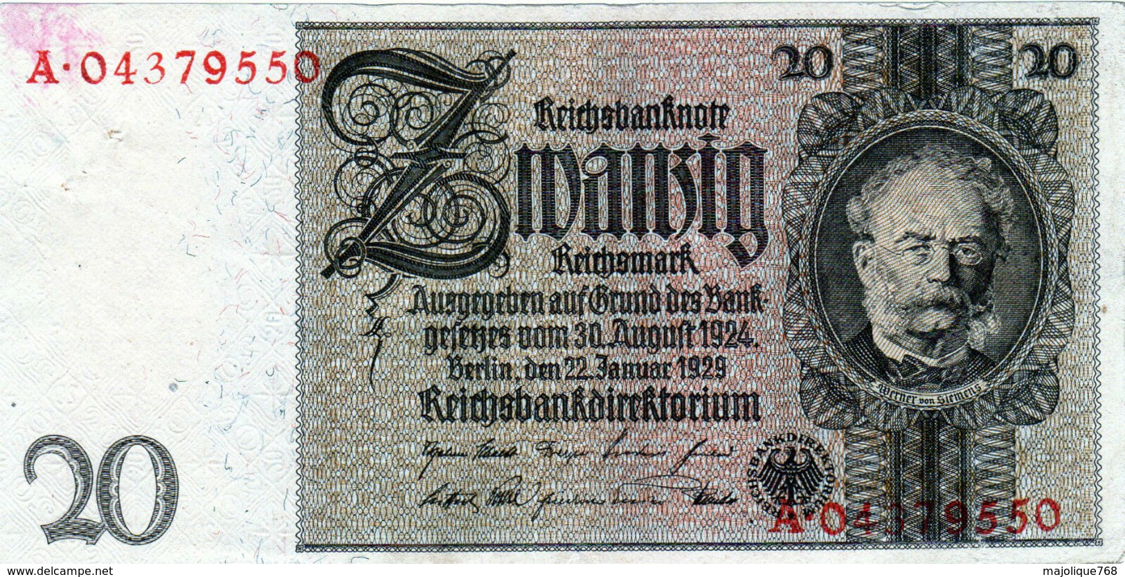 Billet Allemand De 20 Mark Du 22-1- 1929- Ornement De Filigrane(de Ligne De Flottaison)-(1945)-A. N°04379550 - En T B - - 20 Mark