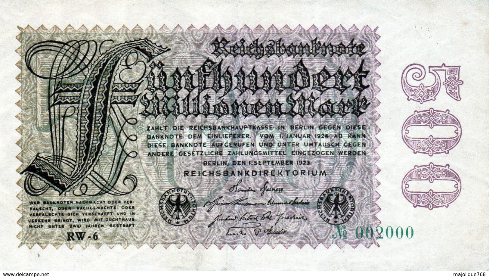 Billet Allemand De 500 Millionen Mark 1-9-1923 - 6 Chiffres Uniface - En T T B + - 500 Miljoen Mark