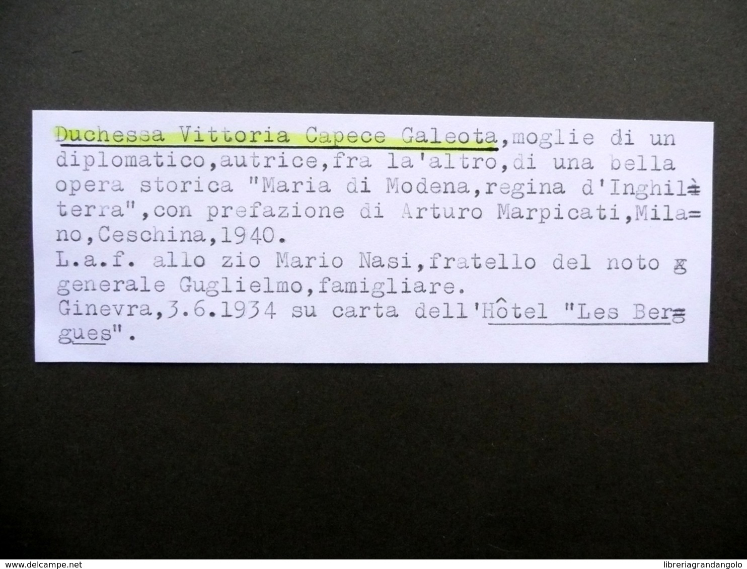 Autografo Duchessa Vittoria Capece Galeota Lettera Ginevra Les Bergues 1934 - Altri & Non Classificati