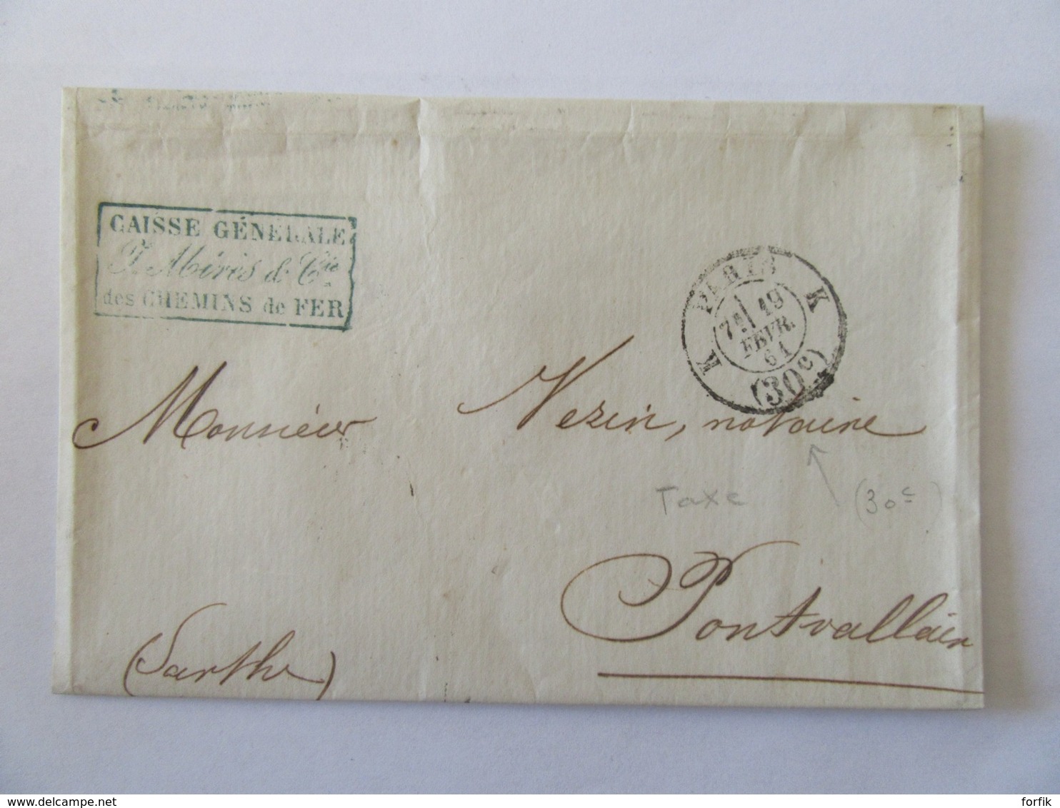 Lettre De La Caisse Générale Des Chemins De Fer Vers Pontavallain - Cachet Paris En Port Dû Taxe 30c - Février 1861 - 1849-1876: Classic Period