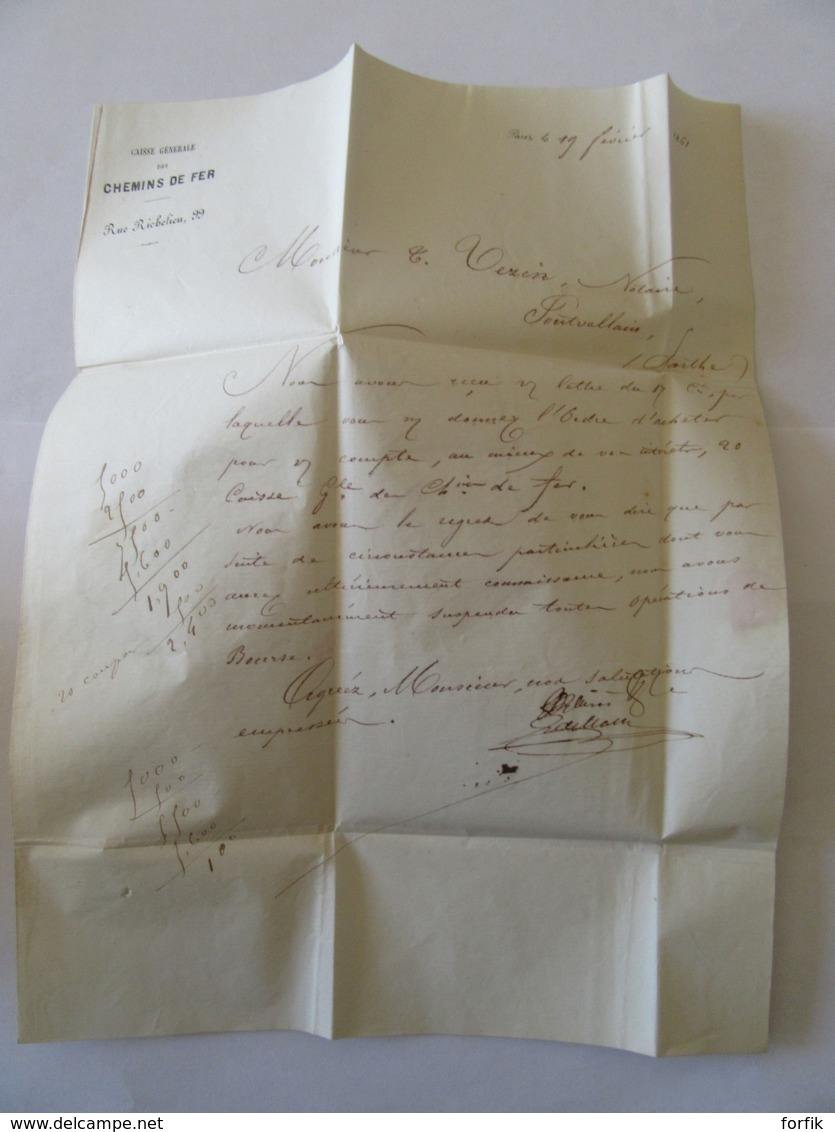 Lettre De La Caisse Générale Des Chemins De Fer Vers Pontavallain - Cachet Paris En Port Dû Taxe 30c - Février 1861 - 1849-1876: Classic Period