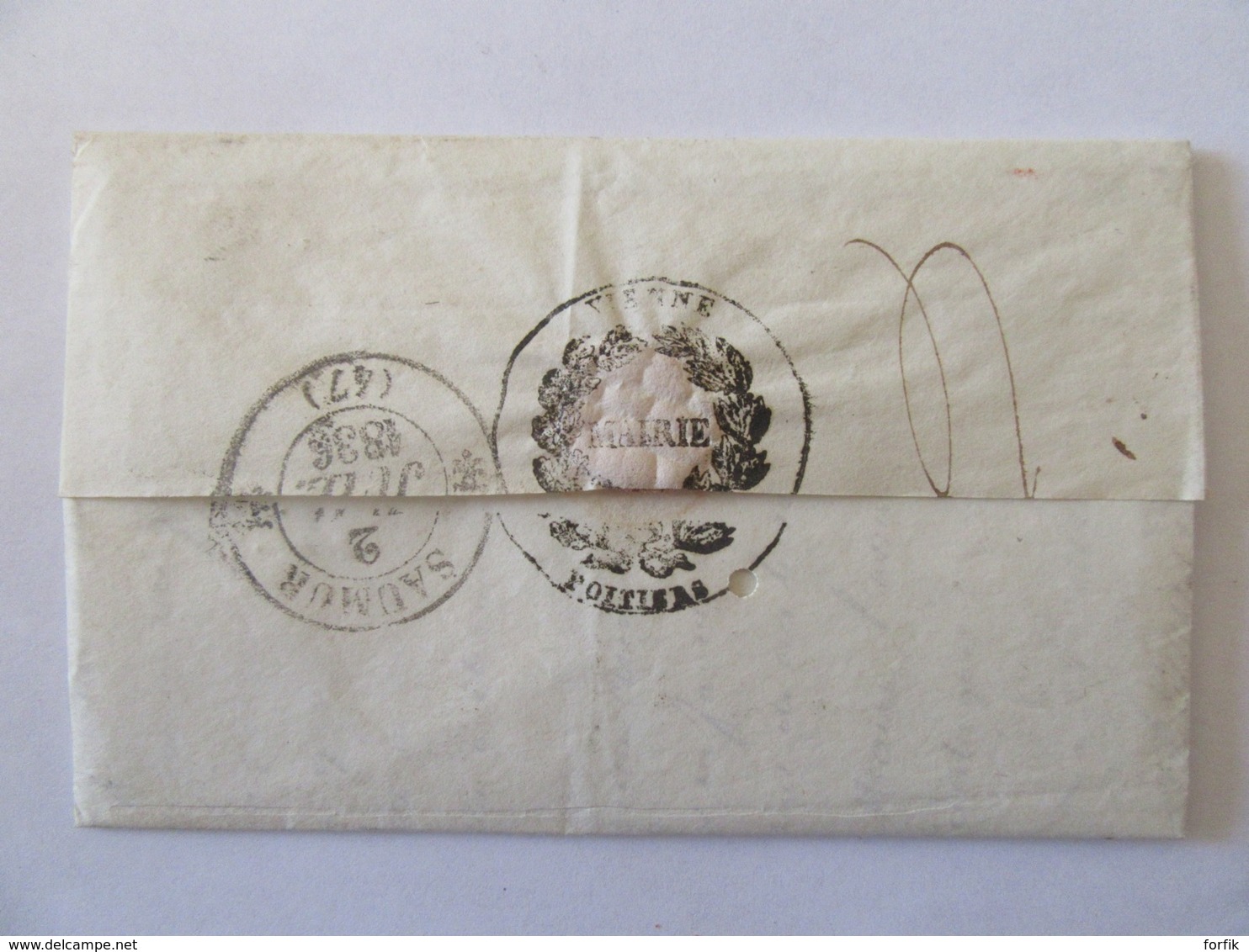 Lettre Poitiers Vers Saumur - Cachet Type 12 + PP Port Payé + Cachet Mairie Poitiers - 1836 - 1801-1848: Précurseurs XIX