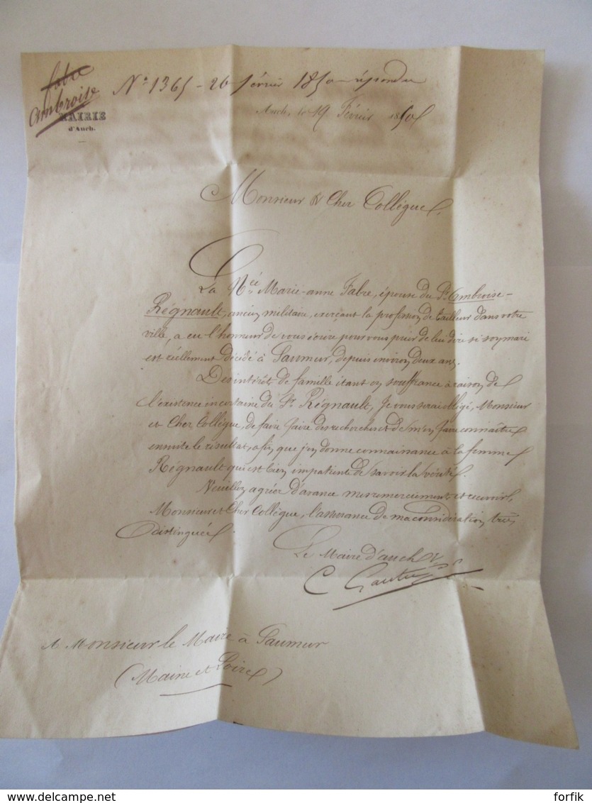 Lettre Auch Vers Saumur - Cachets à Date Et Cachet Mairie D'Auch - Février 1850 - Timbre Manquant - 1801-1848: Précurseurs XIX