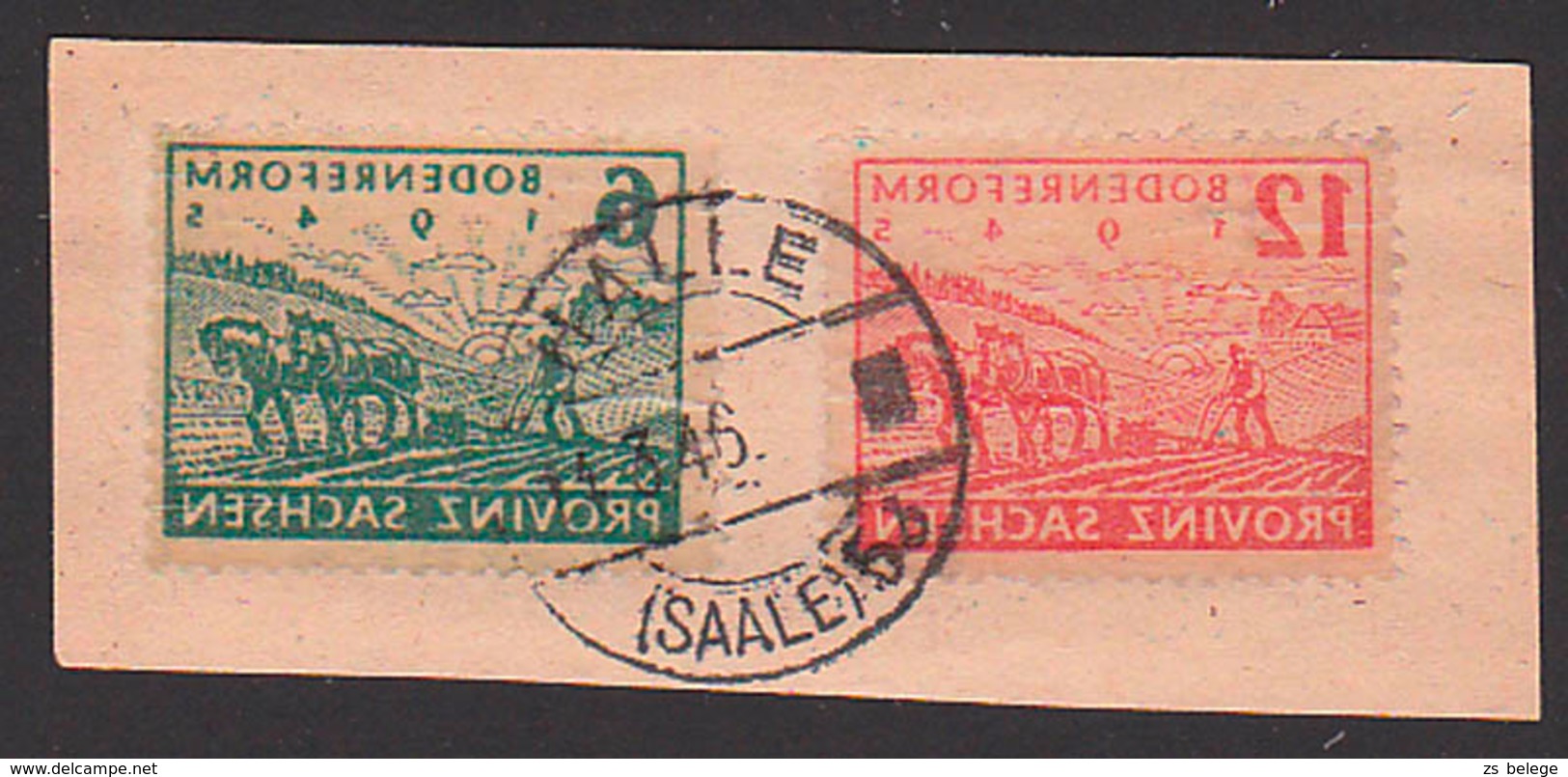 Bodenreform 1945 Provinz Sachsen, Beide Marken Auf Pergaminpapier, Verkehrt Aufgeklebt, OSt. Halle Saale 14.3.46 - Ulk?_ - Sonstige & Ohne Zuordnung