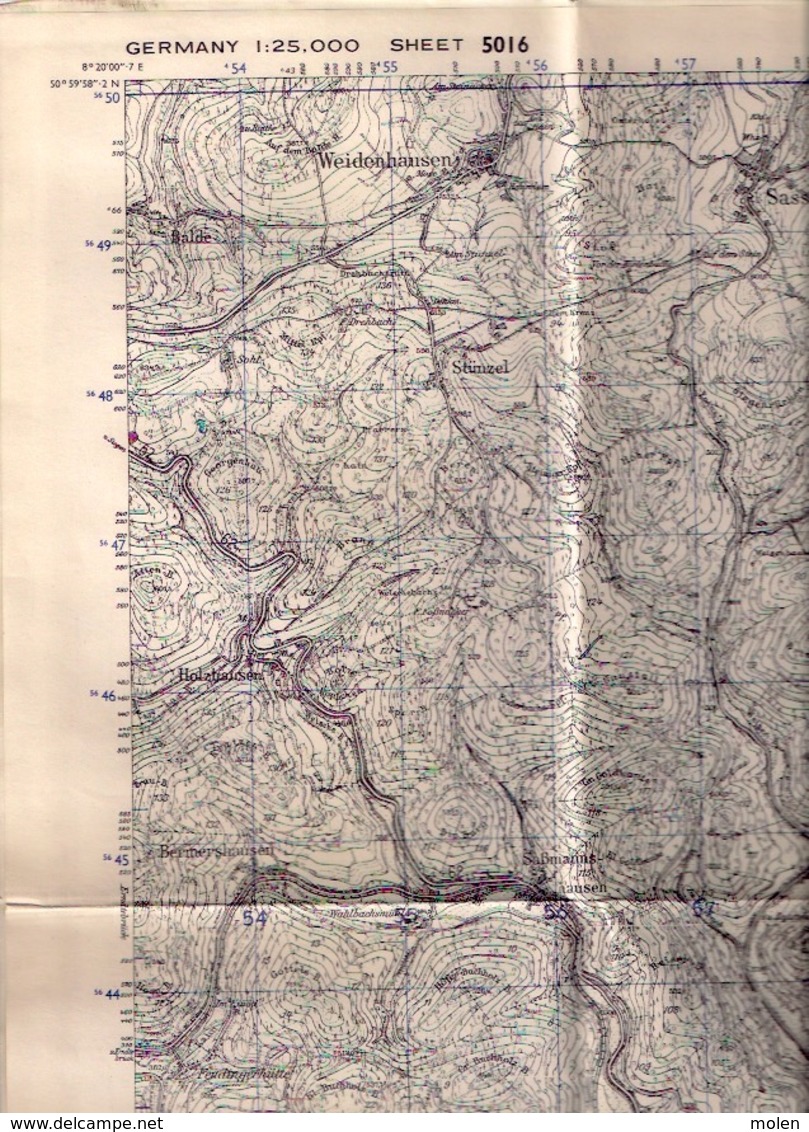 GB WAR OFFICE KARTE 1/25.000 BAD LAASPHE ©1944 SAßMANNSHAUSEN PUDERBACH BREIDENSTEIN LAHN WALLAU BANFE WEIDENHAUSEN S477 - Bad Laasphe