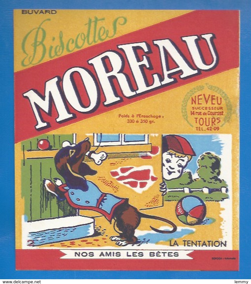 37 - TOURS, 14 RUE DE COURSET - BUVARD - BISCOTTES MOREAU - NOS AMI(E)S LES BÊTES - TENTATION...CHIEN - Biscottes