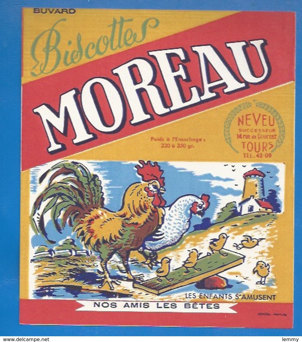 37 - TOURS, 14 RUE DE COURSET - BUVARD ILLUSTRÉ- BISCOTTES MOREAU - NOS AMI(E)S LES BÊTES - COQ,POULES, POUSSINS...JEUX - Biscottes