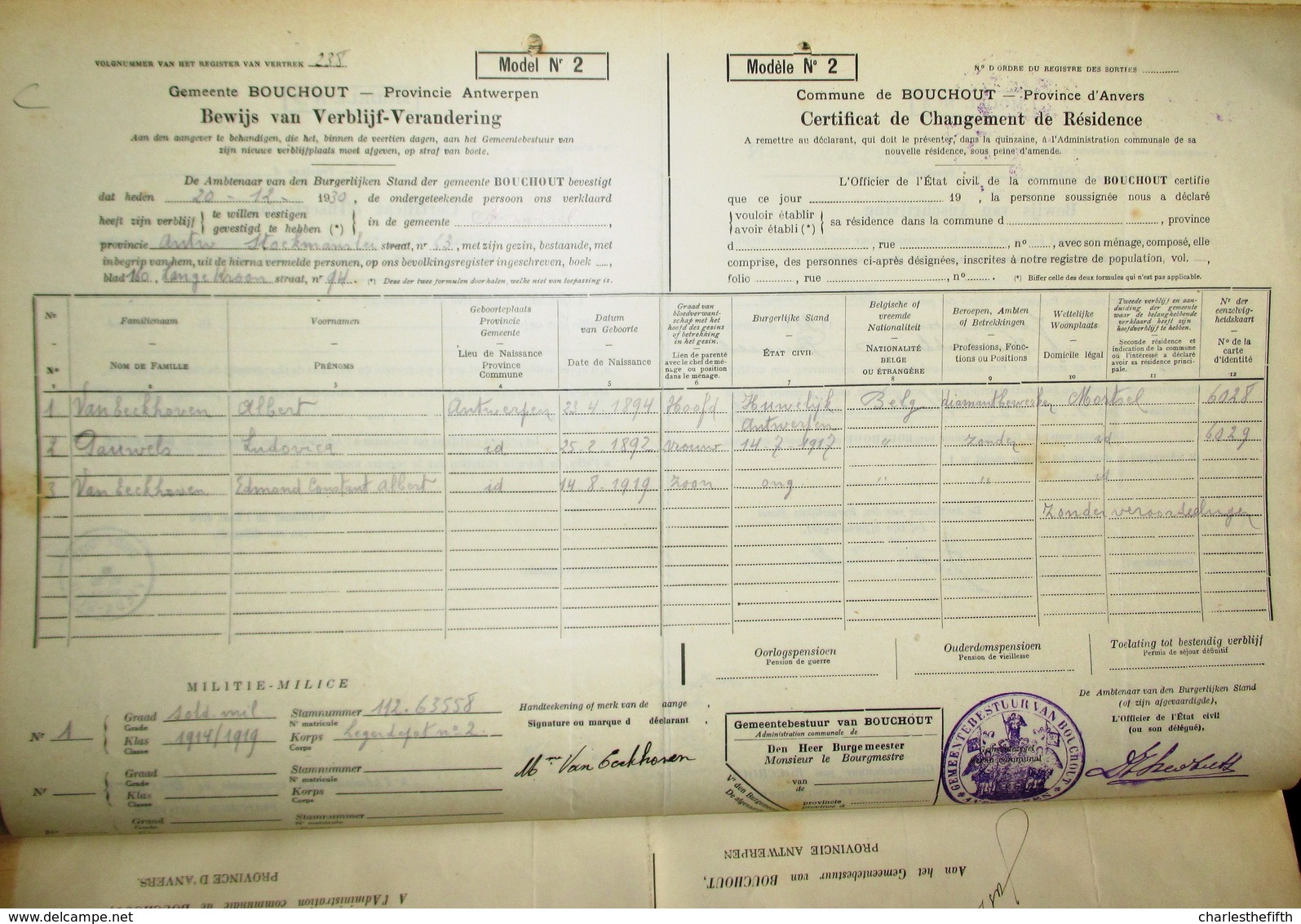 1930 GEMEENTEBOEK BOUCHOUT * 238 BEWIJZEN VERBLIJF VERANDERING INWONERS + BEWIJS INSCHRIJVING Marcofilie !! - Genealogie - Documents Historiques