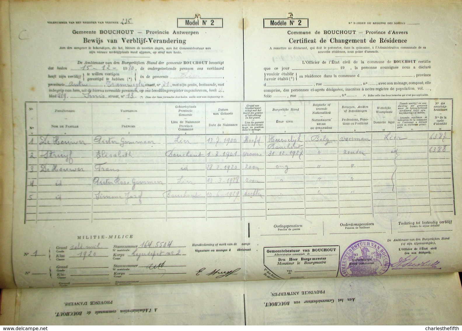 1930 GEMEENTEBOEK BOUCHOUT * 238 BEWIJZEN VERBLIJF VERANDERING INWONERS + BEWIJS INSCHRIJVING Marcofilie !! - Genealogie - Documents Historiques