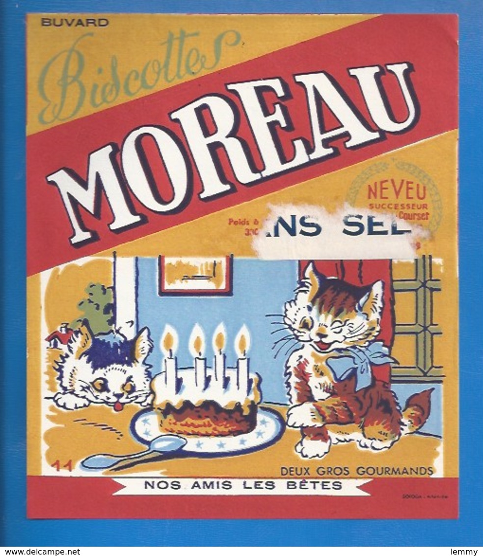 37 - TOURS, 14 RUE DE COURSET - BUVARD ILLUSTRÉ- BISCOTTES MOREAU - NOS AMI(E)S LES BÊTES - GROS GOURMANDS - CHATS - Zwieback