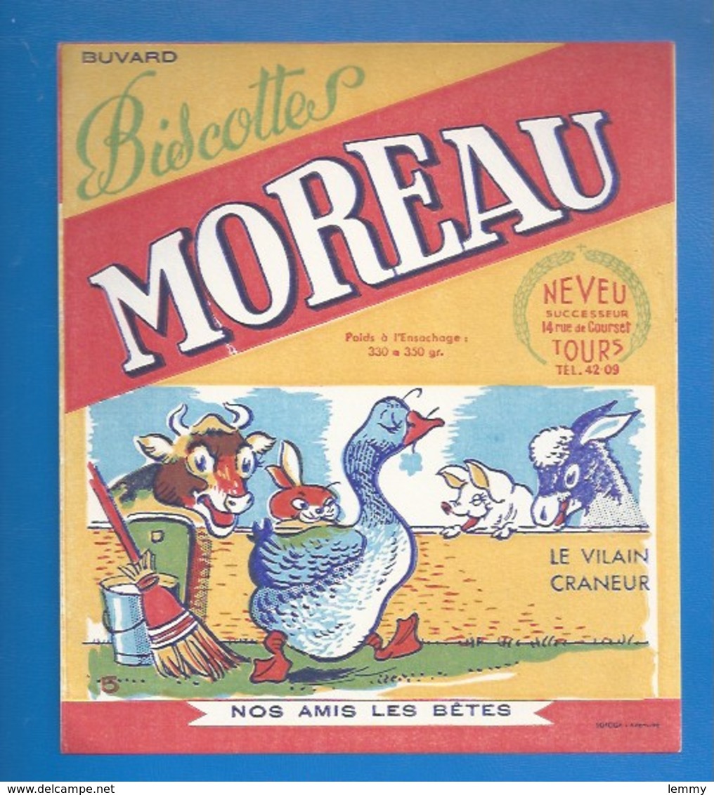 37 - TOURS, 14 RUE DE COURSET - BUVARD ILLUSTRÉ- BISCOTTES MOREAU - NOS AMI(E)S LES BÊTES - CRÂNEUR, JARS, VACHE, COCHON - Zwieback