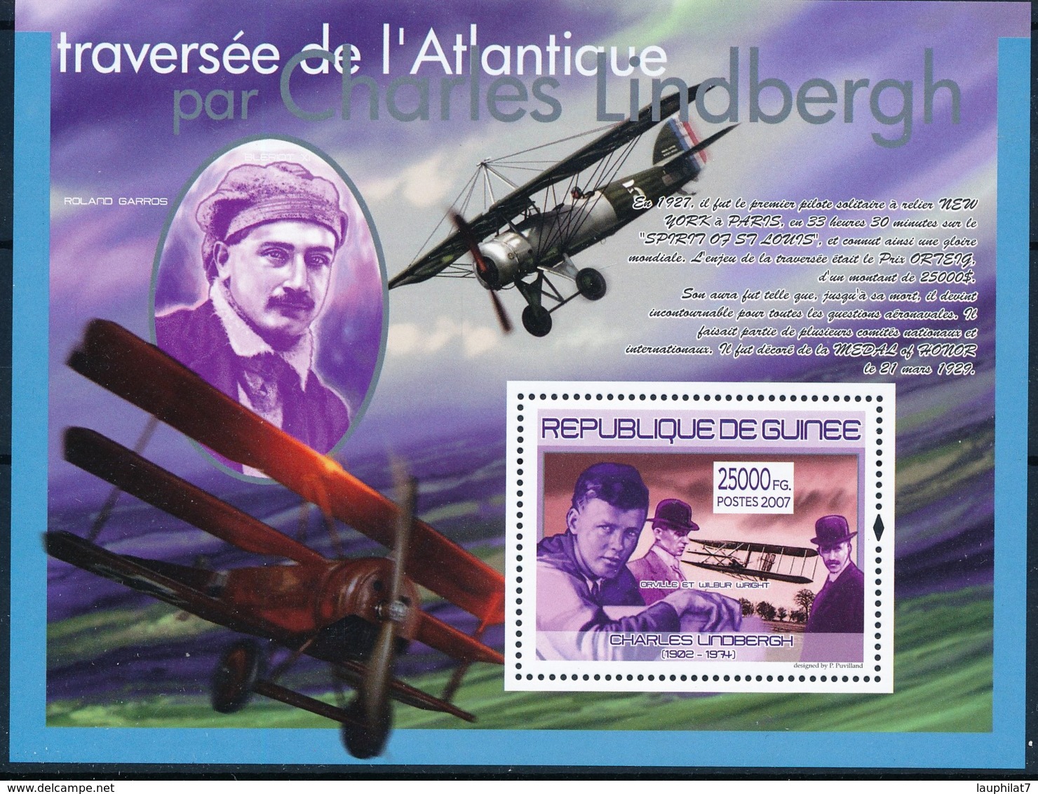 [402013]Guinée 2007 - Traversée De L'Atlantique Par Charles Lindbergh, Avions, Roland Garros, Orville Et Wilbur Wright - Autres & Non Classés