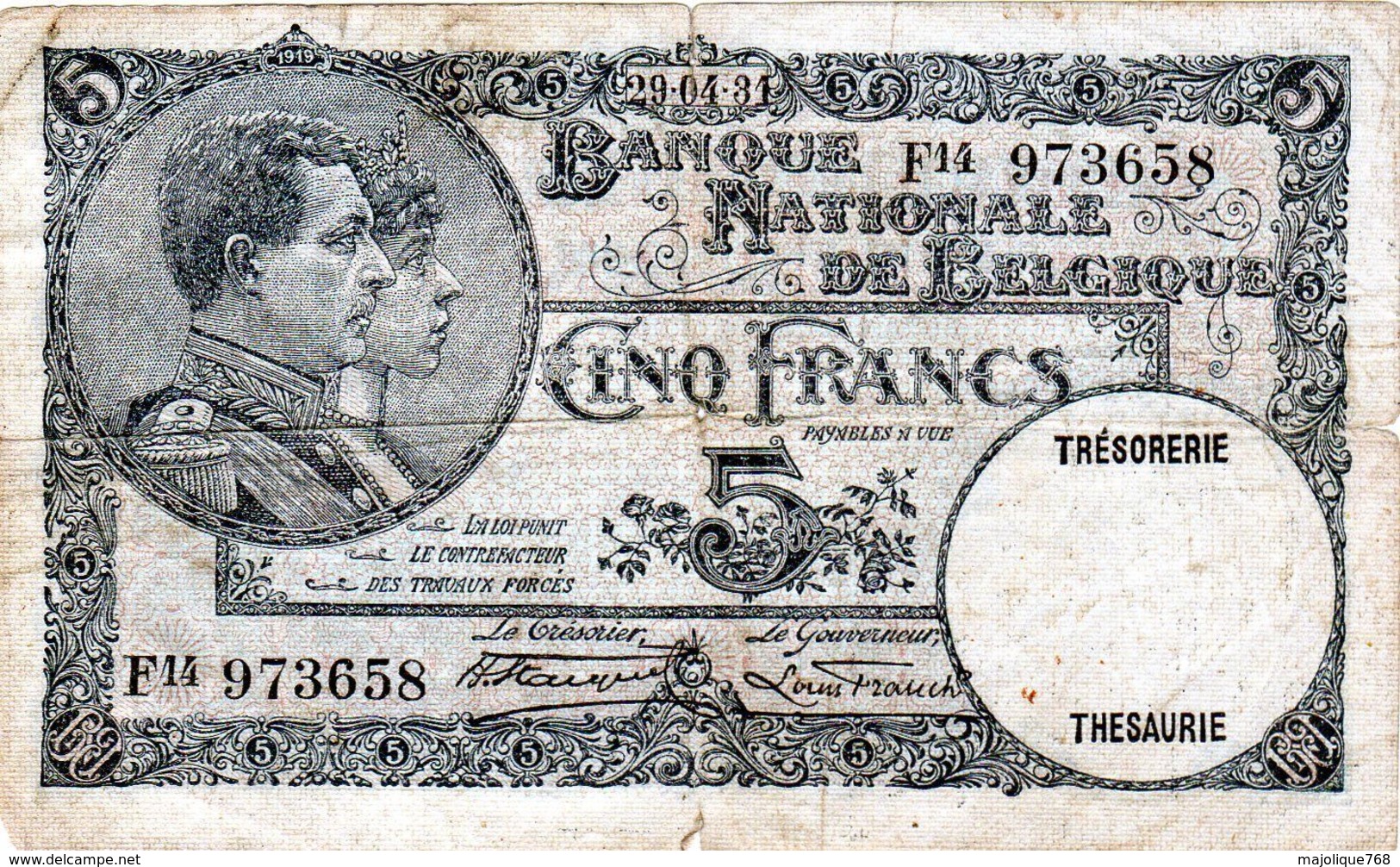 Billet Belge - De 5 Francs Le 29-04-1931 - - Ohne Zuordnung