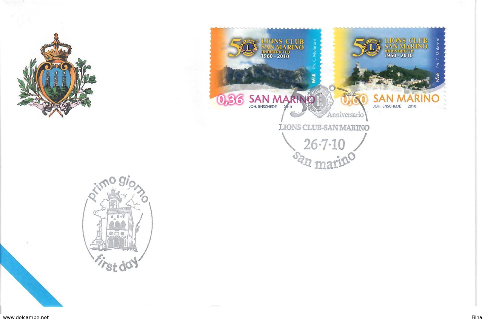 SAN MARINO 2010 - 50° LIONS CLUB - FDC - Used Stamps