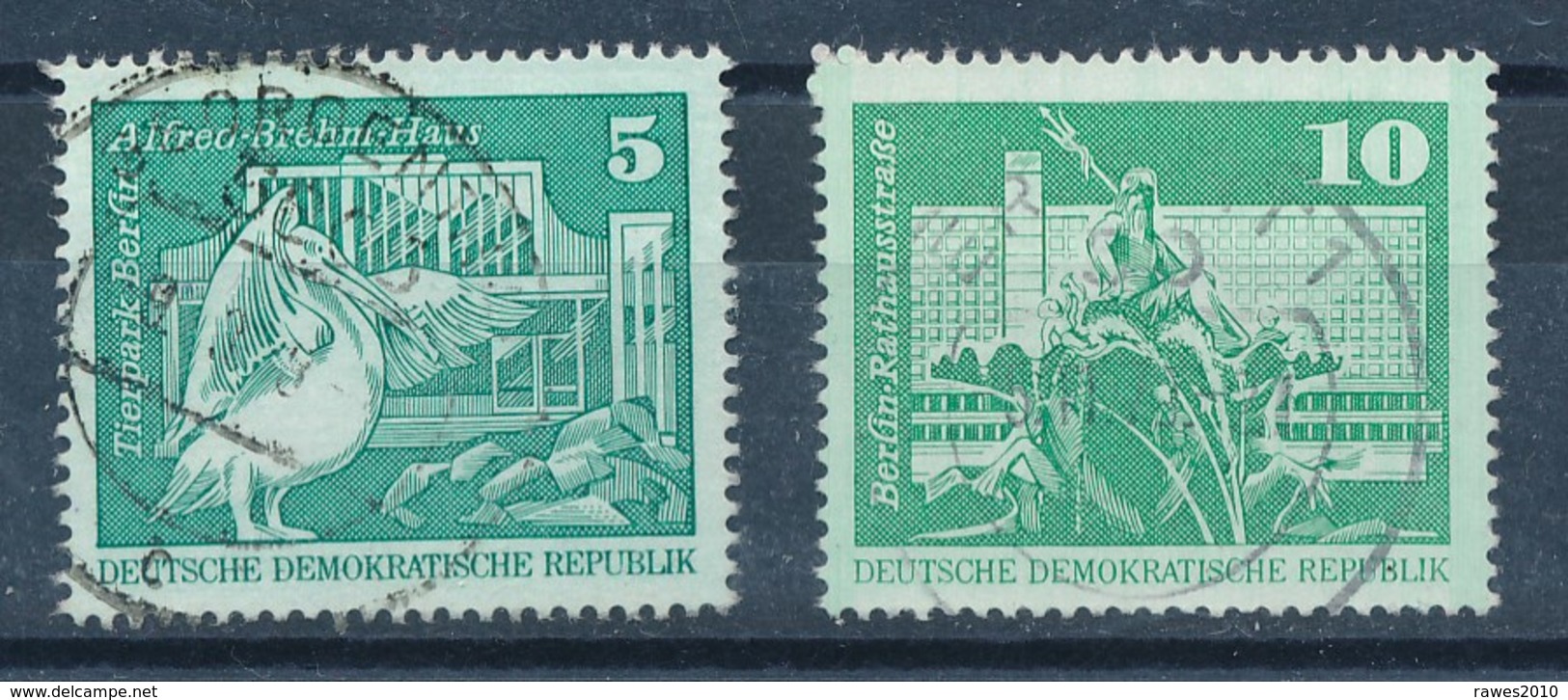 DDR Mi. 1842 Type I + 1843 Type Ia Gest. Berlin Tierpark Pelikan + Neptunbrunnen - Gebraucht